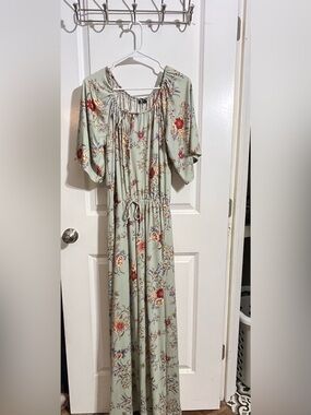Women’s Sage Green Floral Maxi Dress with Drawstring Waist